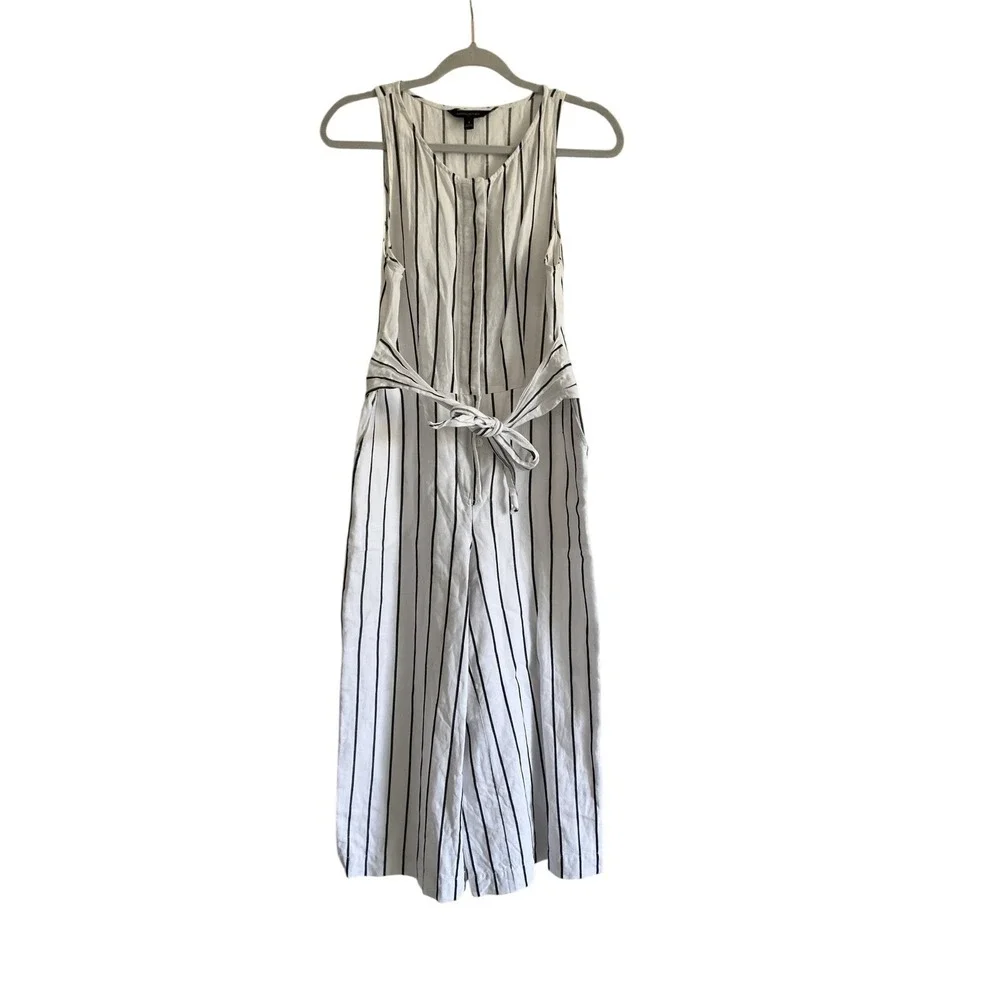 BR Women's Striped‎ White Wide Leg  Button Tie Front Cotton Jumpsuit 6